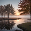 Beautiful European landscape misty morning scene of nature over the lake. View of Forest lake in fall to winter season