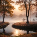 Beautiful European landscape misty morning scene of nature over the lake. View of Forest lake in fall to winter season