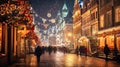 Beautiful European street view during Christmas time, decorated with lights, christmas trees and lights reflections