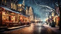 Beautiful European street view during Christmas time, decorated with lights, christmas trees and lights reflections