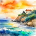 Beautiful European town on summer sea coast illustration. Natural panoramic landscape view sky, water, city houses, ships and
