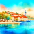 Beautiful European town on summer sea coast illustration. Natural panoramic landscape view sky, water, city houses, ships and