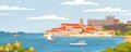Beautiful European town on summer sea coast vector graphic illustration. Natural panoramic landscape view sky, water