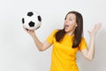 Beautiful European young people, football fan or player on white background. Sport, play, health, healthy lifestyle concept. Royalty Free Stock Photo