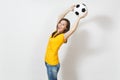 Beautiful European young people, football fan or player on white background. Sport, play, health, healthy lifestyle concept. Royalty Free Stock Photo