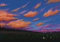 Beautiful Evening Landscape Scenic View of Red Clouds over Mountains Against Blue Sky With Moon Fall Down Digital Illustration