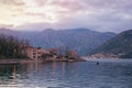 Beautiful evening Mediterranean landscape. Montenegro, Adriatic Sea. View of Bay of Kotor and Stoliv village Royalty Free Stock Photo