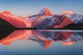 Beautiful evening panorama from Bachalp lake / Bachalpsee, Switzerland. Picturesque summer sunset in swiss Alps , Grindelwald. Royalty Free Stock Photo