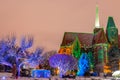 Beautiful evening park with a church with illuminated trees wroclaw