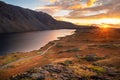 Aerial view of Wastwater with beautiful sunset clouds in sky. Lake District, UK.