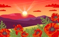 Beautiful evening summer landscape. Slope with blooming poppies. Mountains and the sunset sky in the clouds, the setting Royalty Free Stock Photo