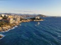 Beautiful evening view of the city and the Aegean Sea from the balcony. Turkey, Kusadasi. Royalty Free Stock Photo