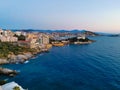 Beautiful evening view of the city and the Aegean Sea from the balcony. Turkey, Kusadasi. Royalty Free Stock Photo