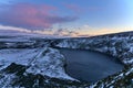 Beautiful evening view over Lough Bray Upper lake and Wicklow Mountains seen from Eagles Crag, Ballylerane, Co. Wicklow, Ireland