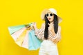 Beautiful excited happy young shopaholic asian woman wearing sungalsses and floppy hat posing isolated over yellow background Royalty Free Stock Photo