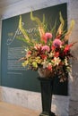 Beautiful exhibit of botanical flowers, set on table of Cleveland Art Museum, Ohio, 2016