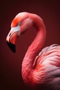 A beautiful exotic bird, a long-necked pink flamingo standing proudly in the water on a pink background.