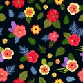 Beautiful exotic flowers isolated on black background. Seamless ditsy floral pattern with bright tropical plants Royalty Free Stock Photo