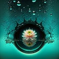 beautiful exotic futuristic flower in reflection of water, drops of rain on the top.