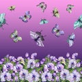 Beautiful exotic orchid flowers, monstera leaves and flying butterflies on background. Seamless tropical floral pattern. Royalty Free Stock Photo