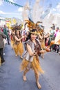 Beautiful exotic young woman is dancing in the parade of Medieval Discovery Fair in Palos de la