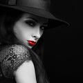 Beautiful expressive bright makeup female model with red hot lip