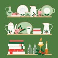 Beautiful exquisite pottery, candles and towels on shelves flat vector illustrations. Decorative crockery with a