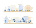 Beautiful exquisite pottery on the shelves flat vector illustrations. Decorative crockery isolated on a white background