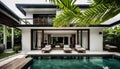 Beautiful exterior of newly built luxury home with pool and green trees