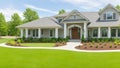 Beautiful exterior of newly built luxury home and yard with green grass