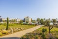 Beautiful exterior view of modern resort hotel on blue sky background.