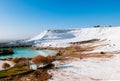 White calcium limestone landscape and thermal pool in Pamukkale, Denizili, Turkey Royalty Free Stock Photo