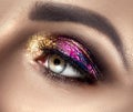 Beautiful Eye Make-up with colorful sparks. Beauty bright fashion holiday smoky eye makeup. Make up sample