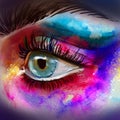 Beautiful eye make up sketch.Beautiful eye with big lashes. watercolor hand drawn illustration of colorful women eye. Royalty Free Stock Photo