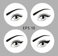 Beautiful eyes with eyeliner in circles on a gray background. Vector eye icon set Royalty Free Stock Photo