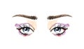 Beautiful eyes and long eyelashes in watercolor technique. Purple eyeshadows and blue eyes. Hand drawn illustration Royalty Free Stock Photo