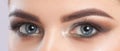 Beautiful eyes of a woman with bright make-up close-up. makeup and healthy clean skin. Professional makeup concept