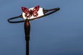 A fabric butterfly rests on a lighted lamp against the blue sky at dusk