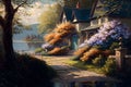 Beautiful fabulous house in a blooming fantasy garden. Neural network AI generated art