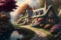 Beautiful fabulous house in a blooming fantasy garden. Neural network AI generated art