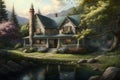 Beautiful fabulous house in a blooming fantasy garden. Neural network AI generated art