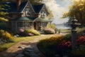 Beautiful fabulous house in a blooming fantasy garden. Neural network AI generated art