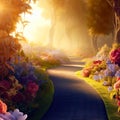 Beautiful Fabulous mystical Paradise Garden, mysterious Fairy Tale Summer floral Background. Generative AI