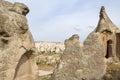 Beautiful fabulous unique forms of sandstone landscape with eroded bizarre rock formations of Cappadocia, Turkey Royalty Free Stock Photo