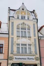 Beautiful facade of colorful residential art nouveau secession building, Sculptures and decorative elements of Modern and Art Deco