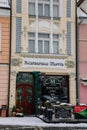 Beautiful facade of colorful residential art nouveau secession building, Sculptures and decorative elements of Modern and Art Deco