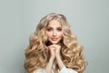 Beautiful face close up. Healthy female model portrait. Cute young woman with long curly hair and natural makeup Royalty Free Stock Photo