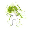 Beautiful face with hair from leaves. girl spring.