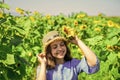Beautiful face little girl playing sunflowers nature background, good mood