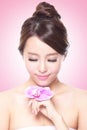 Beautiful face with pink orchids Royalty Free Stock Photo